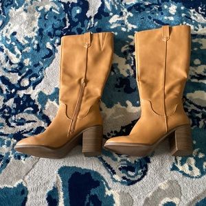 Tan calf length boots